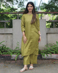 Mustard Green Premium Linen Kurta Set