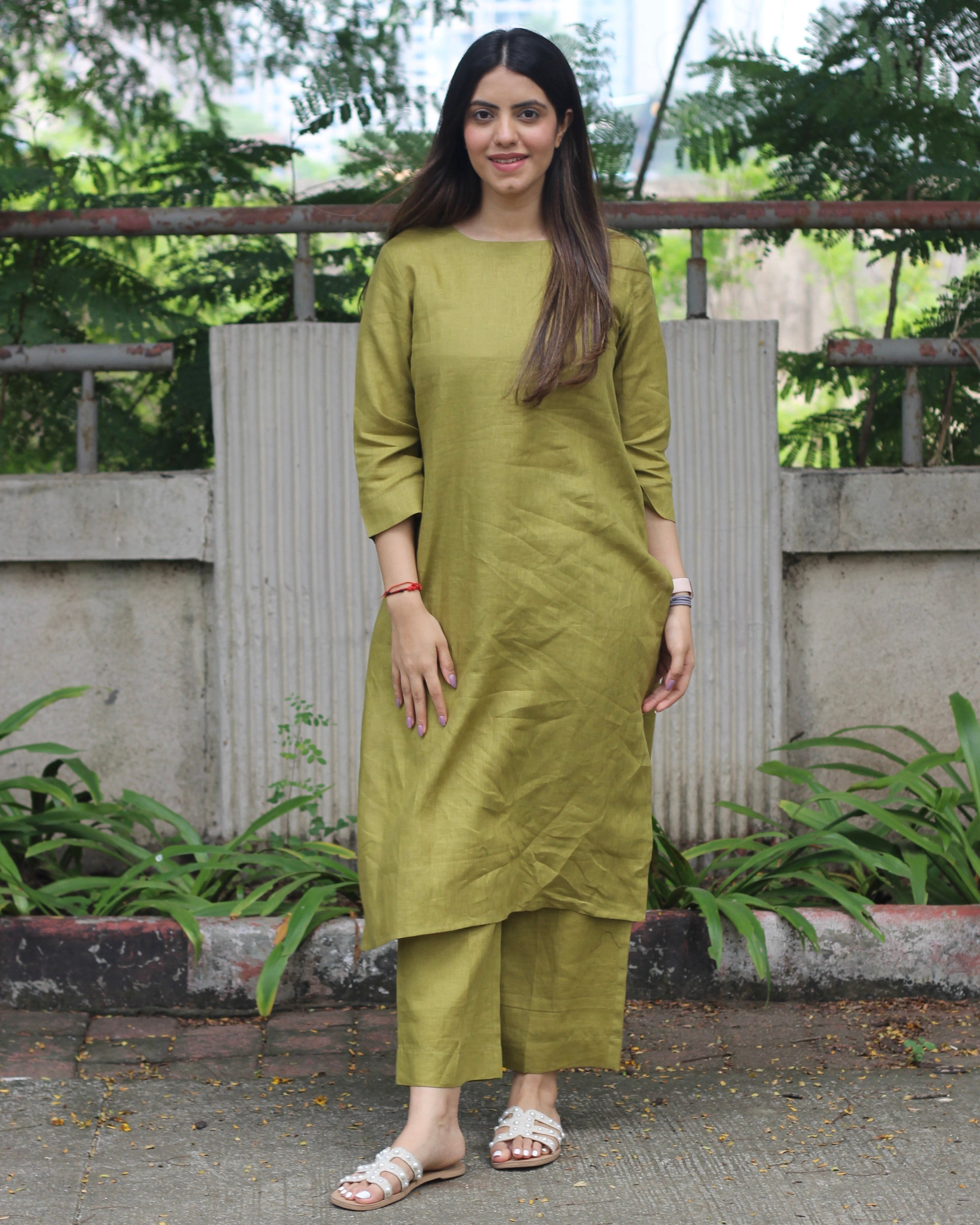 Mustard Green Premium Linen Kurta Set