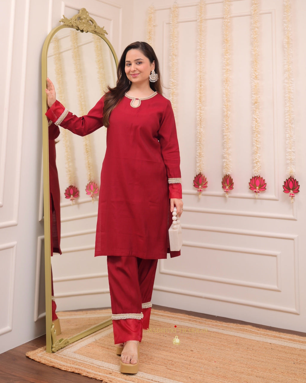 Maroon Red Roman Silk Pearl Co-ord Set