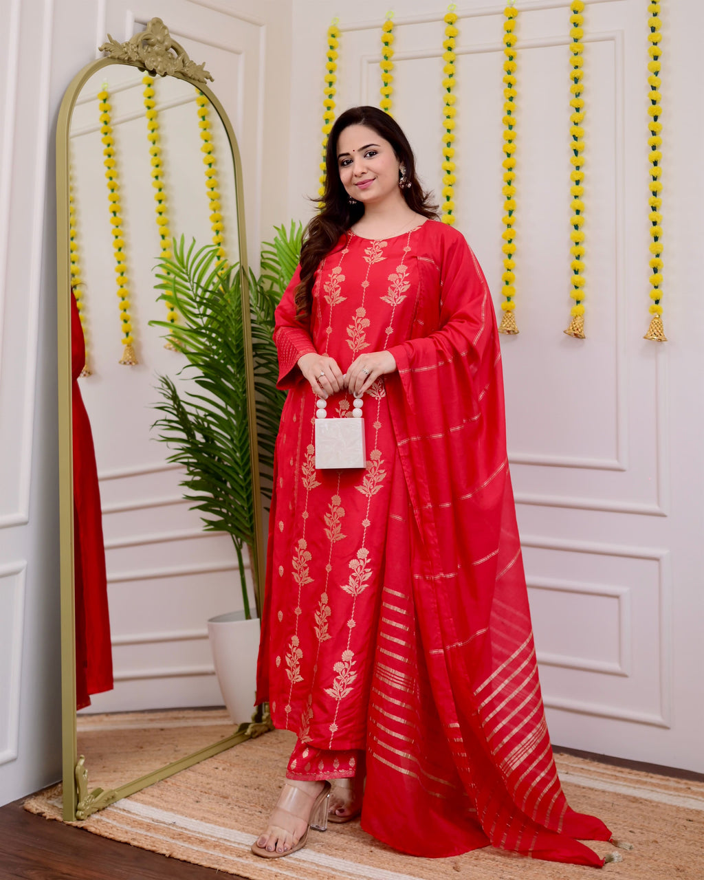 Red Silk Jacquard Festive Suit Set