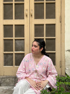 Pink Floral Printed Kurta with White Palazzo Set