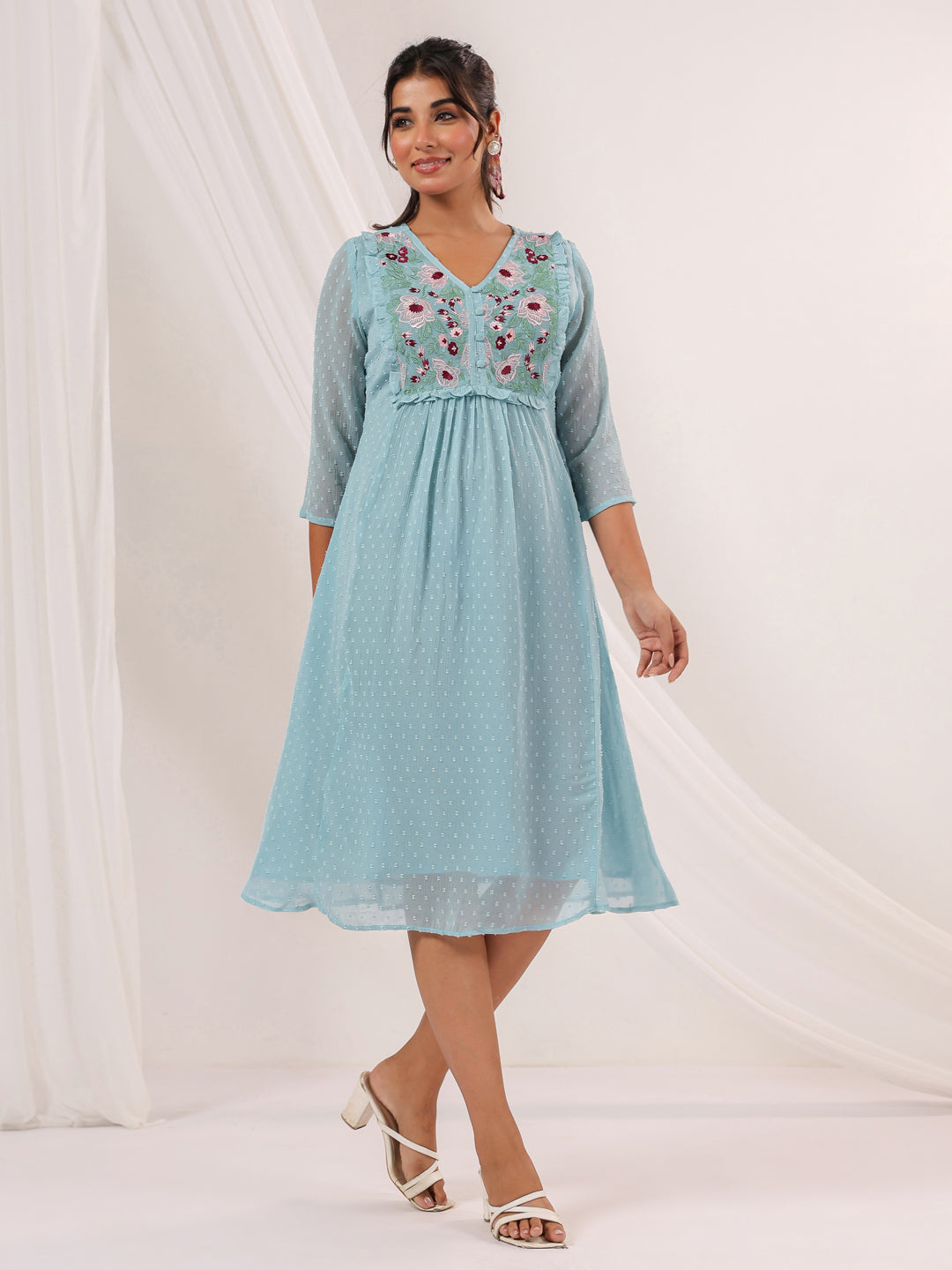 Niva's Women's Light Blue Dobby Chiffon Embroidered A-line Dress