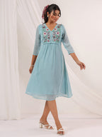 Niva's Women's Light Blue Dobby Chiffon Embroidered A-line Dress
