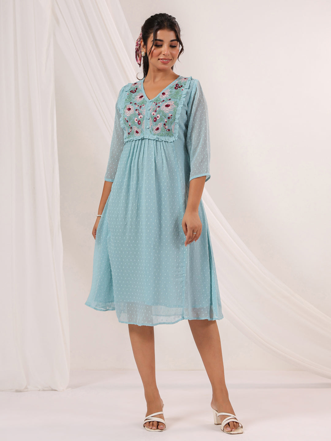Niva's Women's Light Blue Dobby Chiffon Embroidered A-line Dress