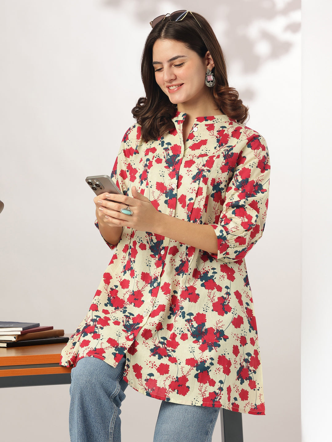 Cream Pure Cotton Floral Printed A-line Tunic