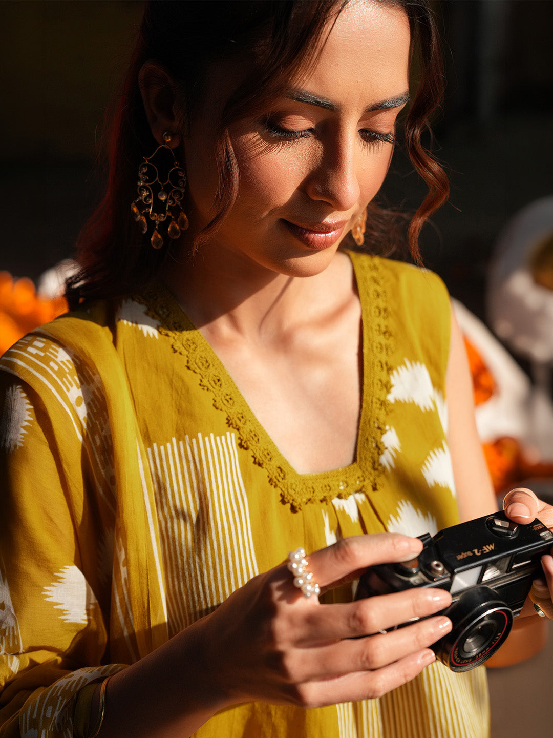 Niva's Women's Mustard Pure Cotton Ikat Printed A-line Kurta Set