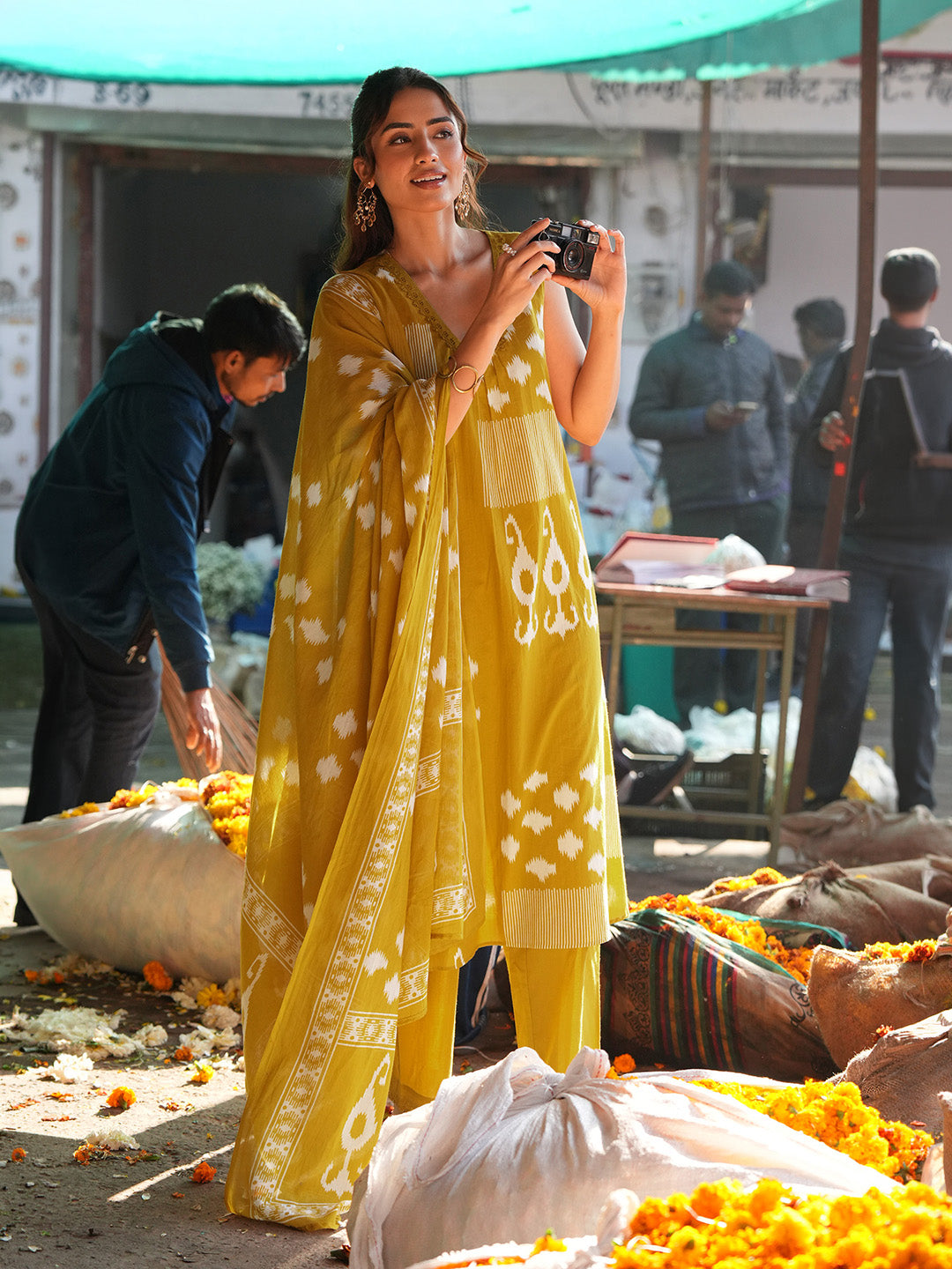 Niva's Women's Mustard Pure Cotton Ikat Printed A-line Kurta Set