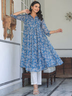 Niva's Women's Blue Chiffon Lurex Floral Printed A-line Kurta