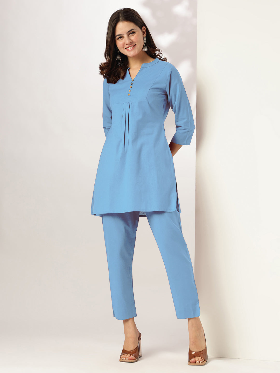 Niva's Women's Light Blue Cotton Solid A-line Co-ord Set