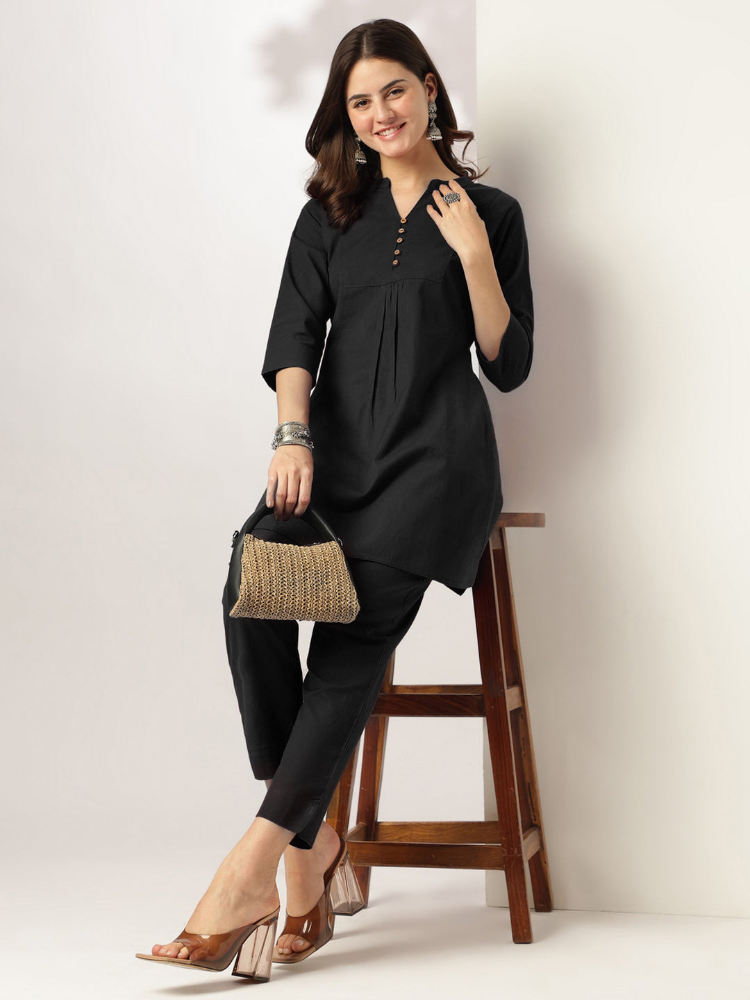 Niva's Women's Black Cotton Solid A-line Co-ord Set