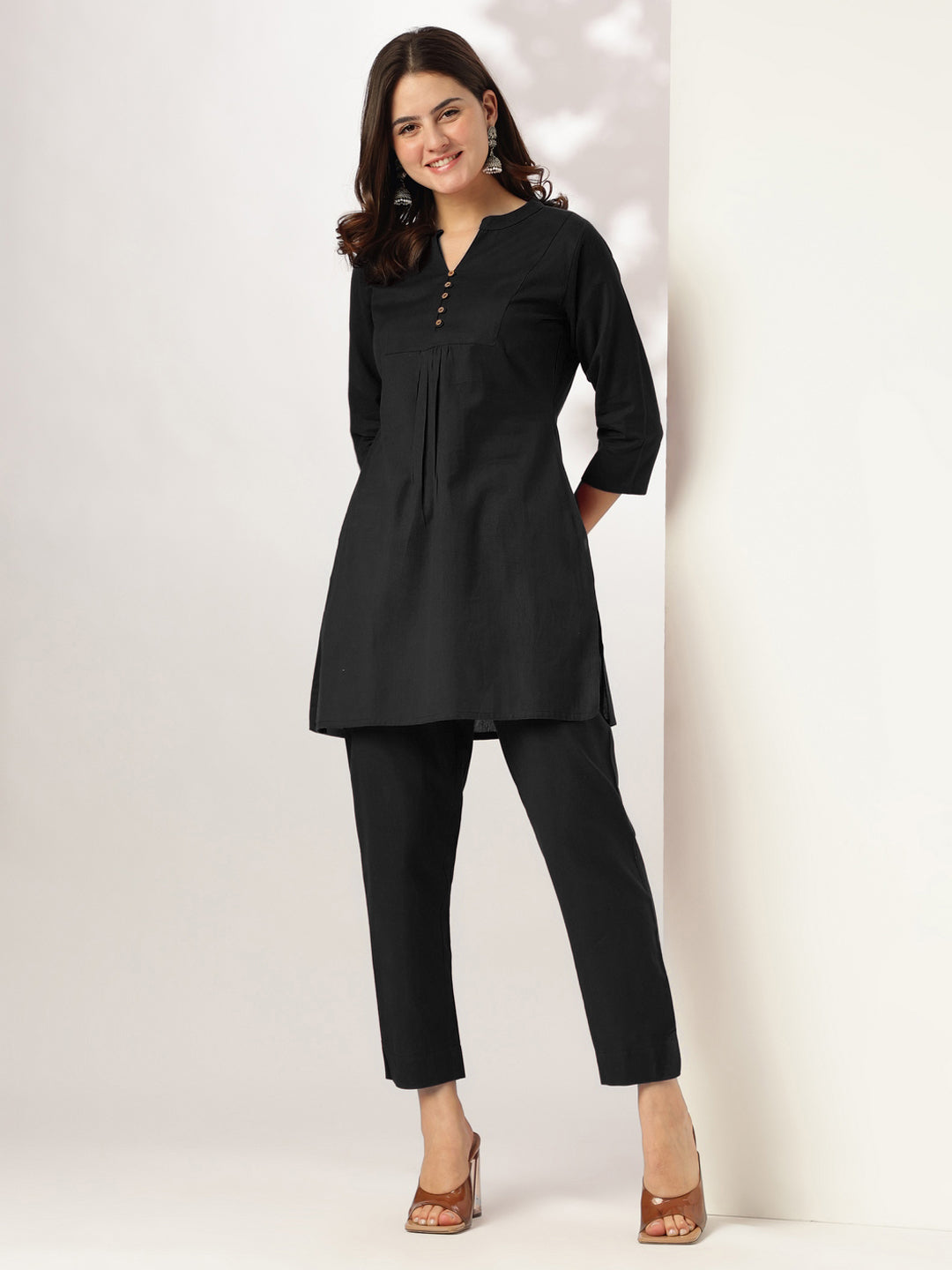 Niva's Women's Black Cotton Solid A-line Co-ord Set
