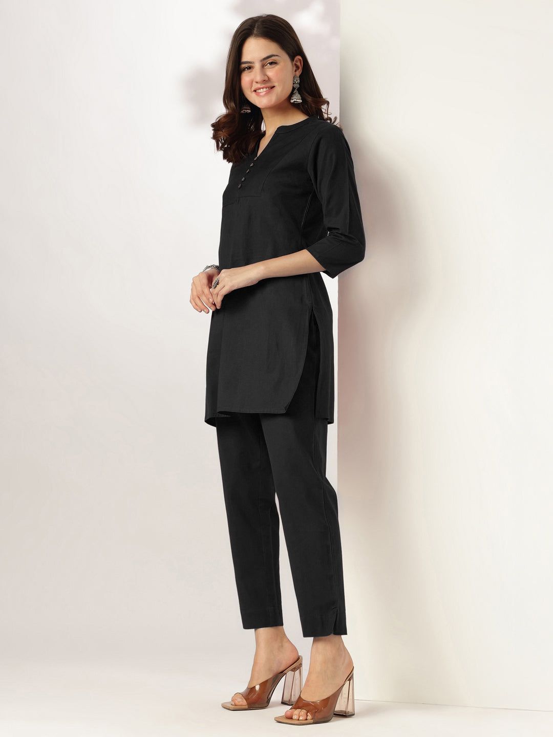 Niva's Women's Black Cotton Solid A-line Co-ord Set