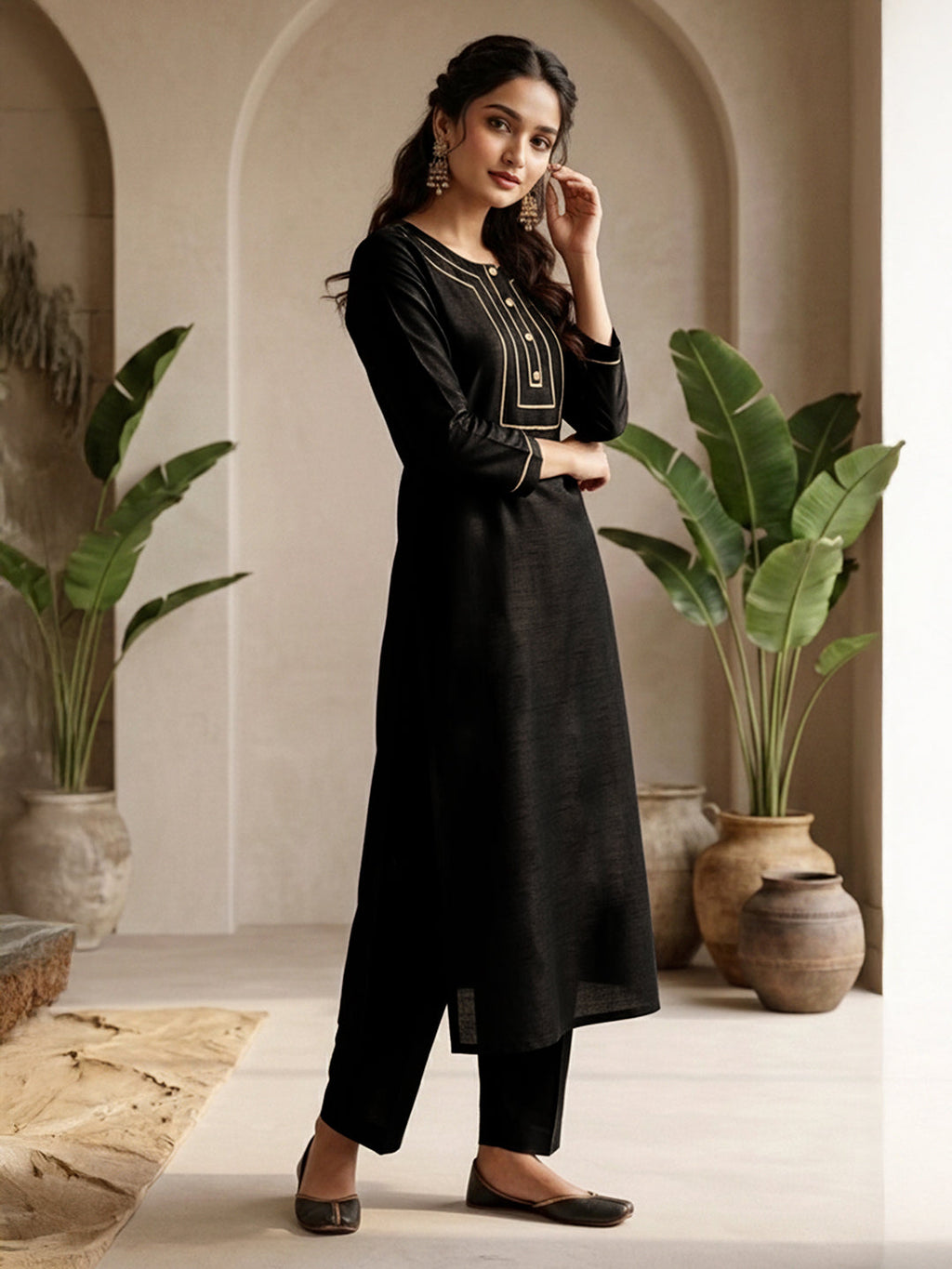 Niva's Women's Black Color Crepe Silk Solid Straight Kurta Pant Set