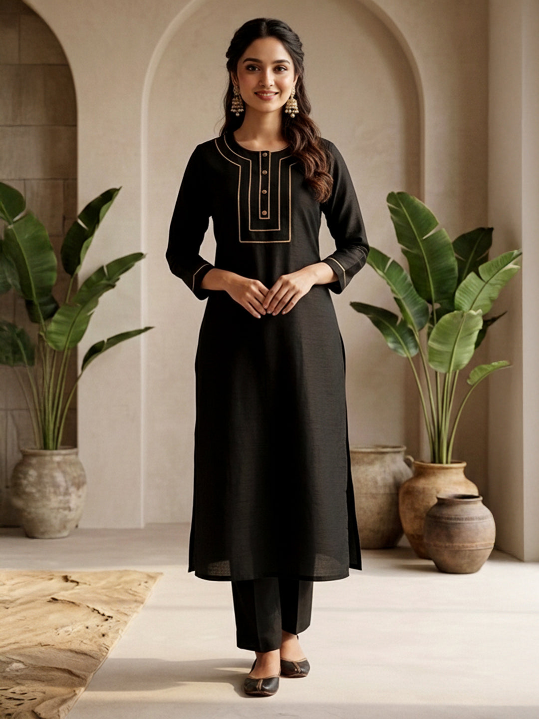 Niva's Women's Black Color Crepe Silk Solid Straight Kurta Pant Set