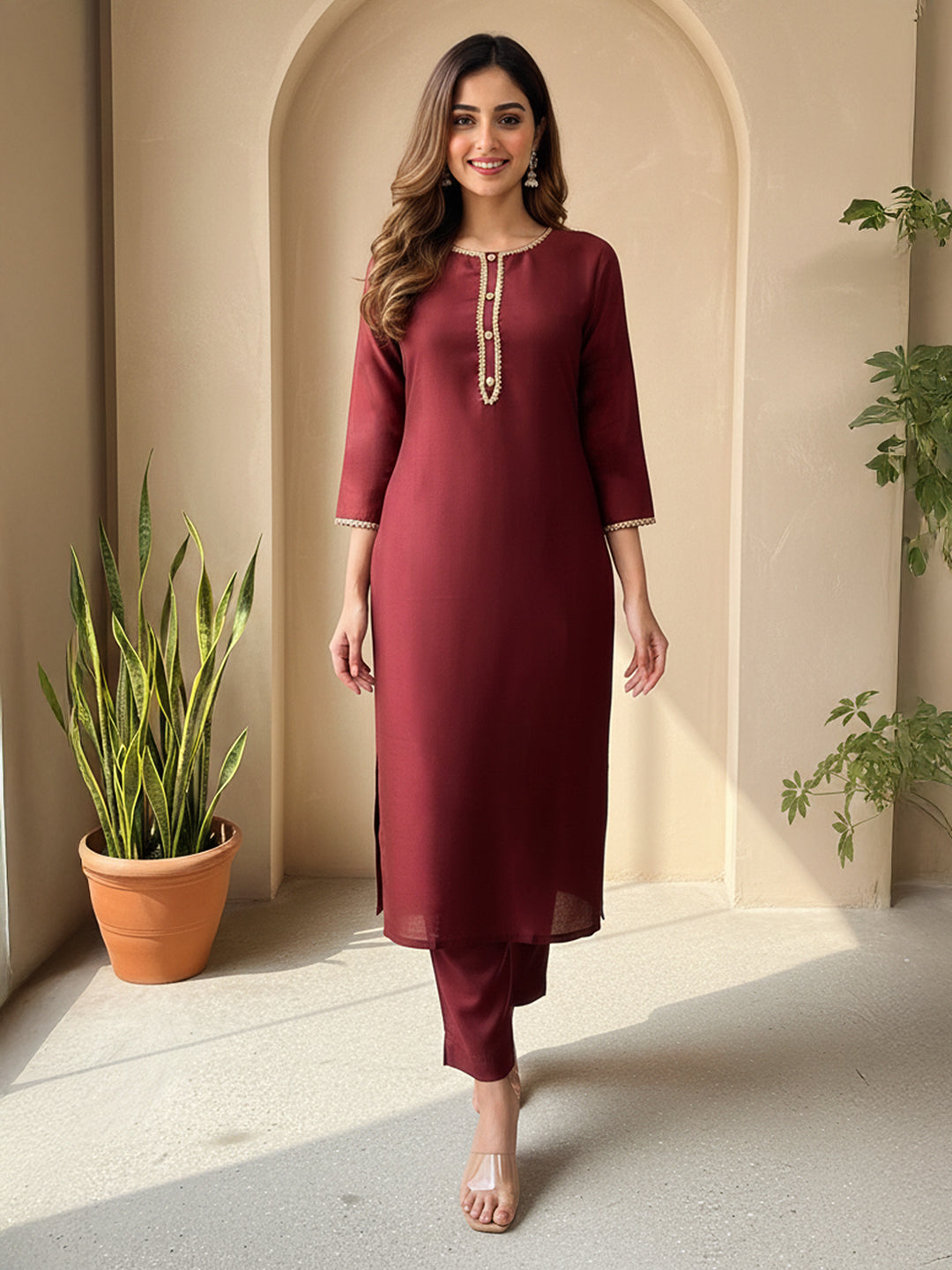 Niva's Women's Brown Crepe Silk Yoke Design Straight Kurta Pant Set