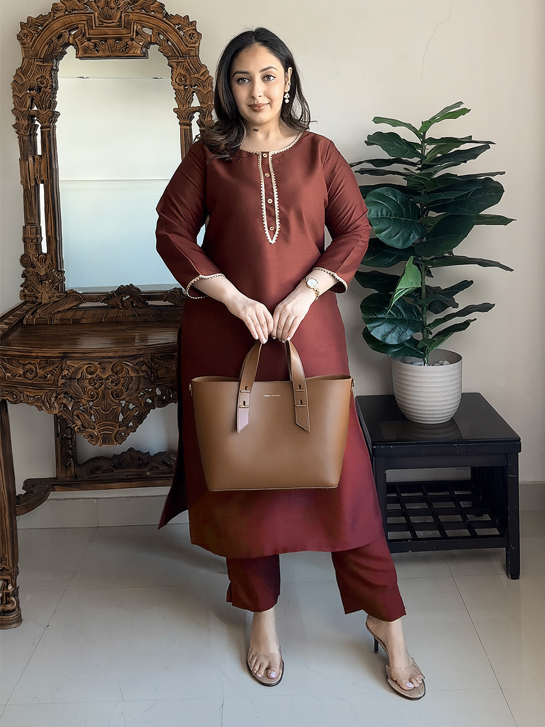 Niva's Women's Brown Crepe Silk Yoke Design Straight Kurta Pant Set