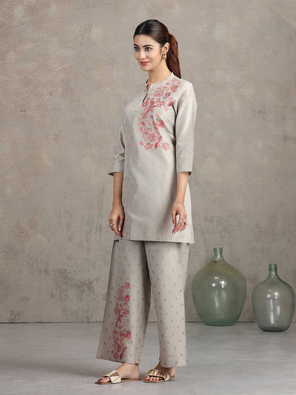Light Gray Floral Embroidered Straight Co-ord Set