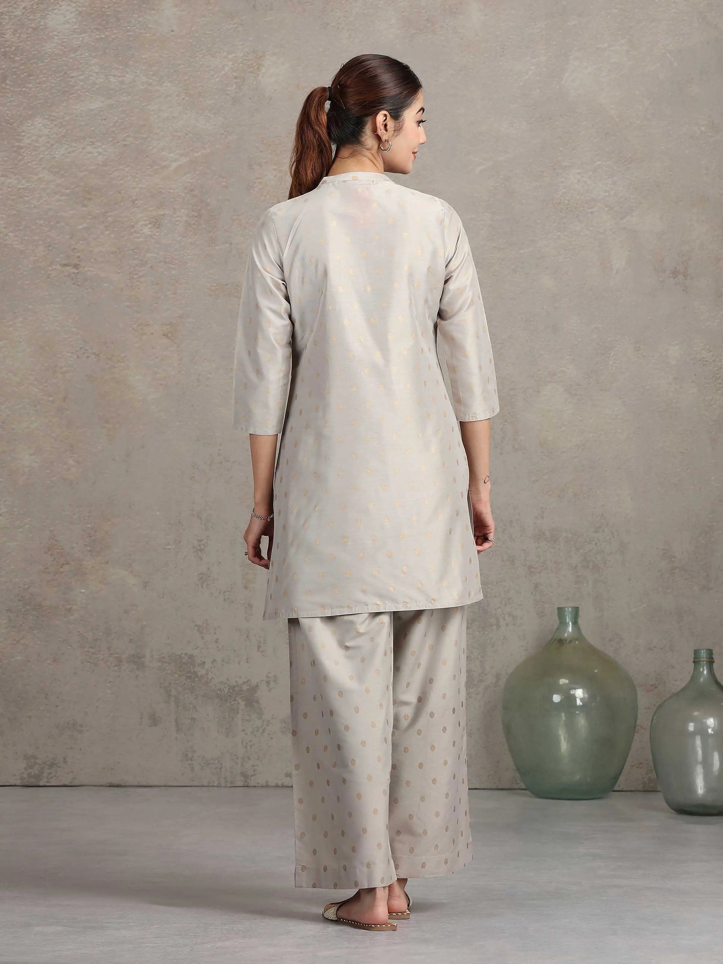 Light Gray Floral Embroidered Straight Co-ord Set