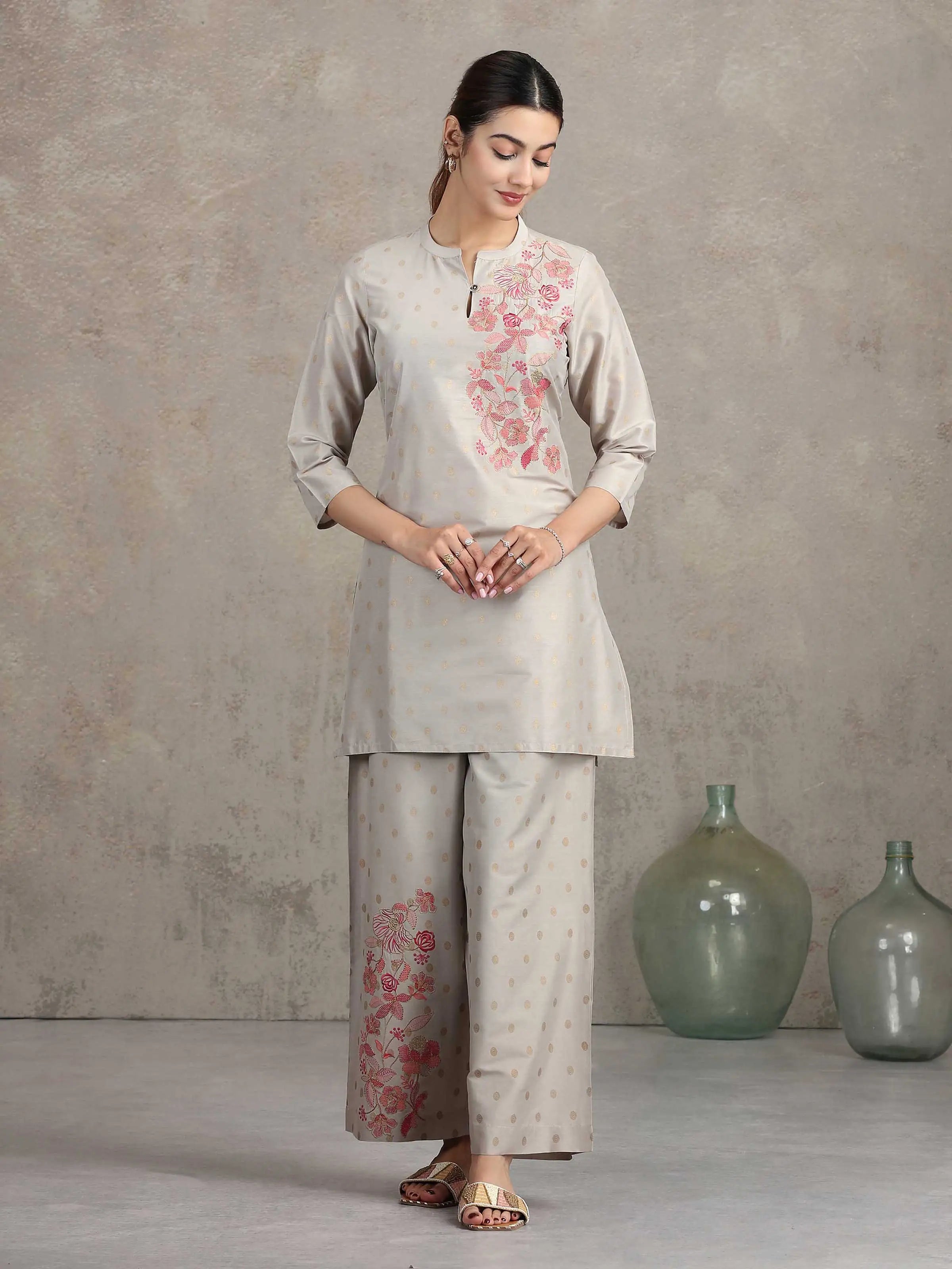 Light Gray Floral Embroidered Straight Co-ord Set