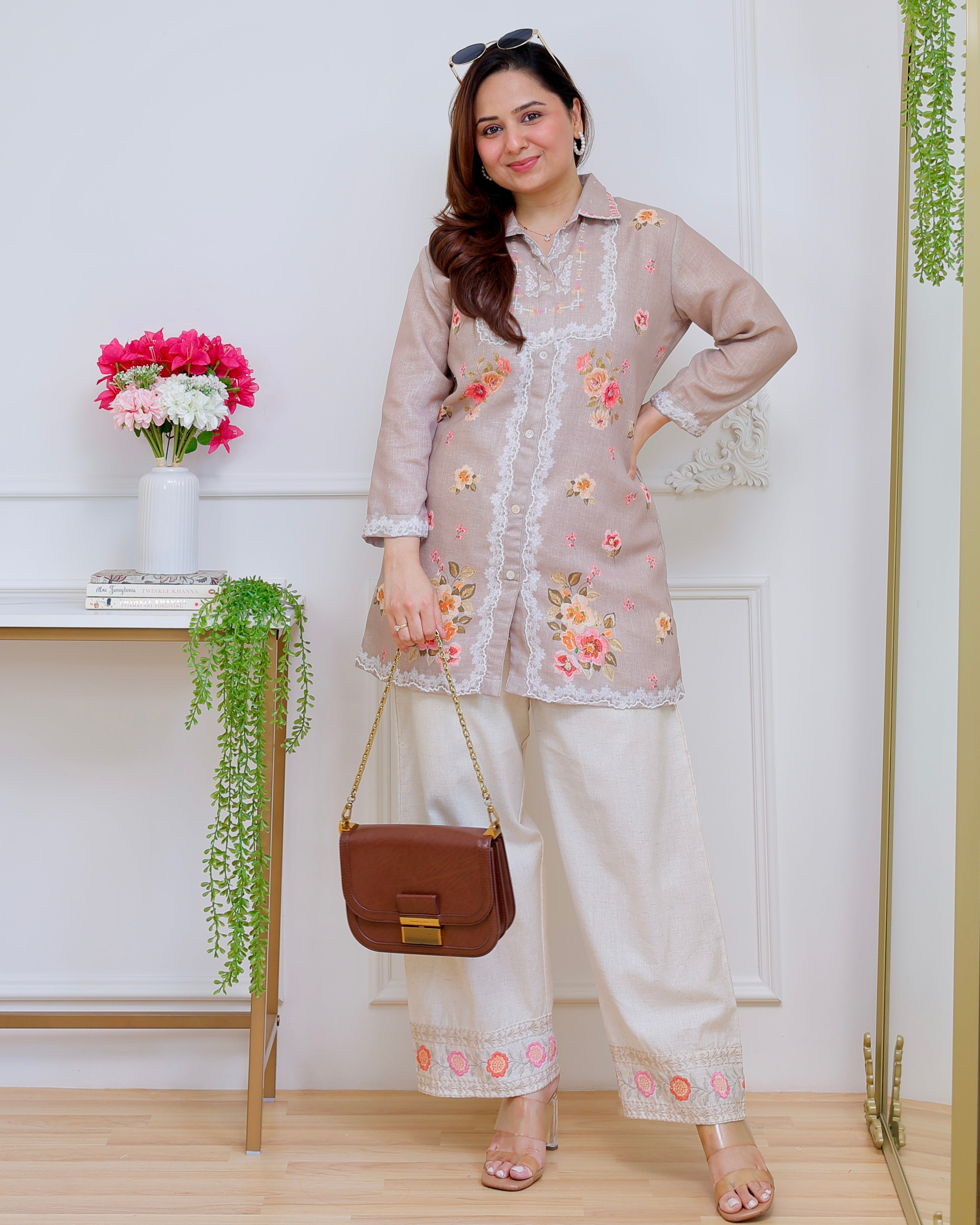 Nude Petals Pearl Threaded Linen Cotton Co-ord