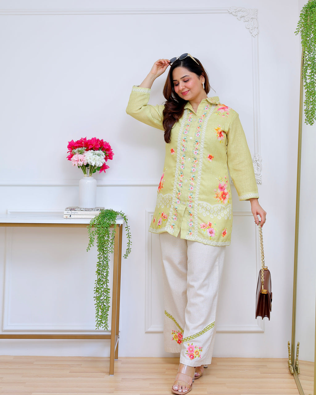 Lime Blossom Pearl Threaded Linen Cotton Co-ord