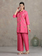 Pink Floral Embroidered Straight Co-ord Set