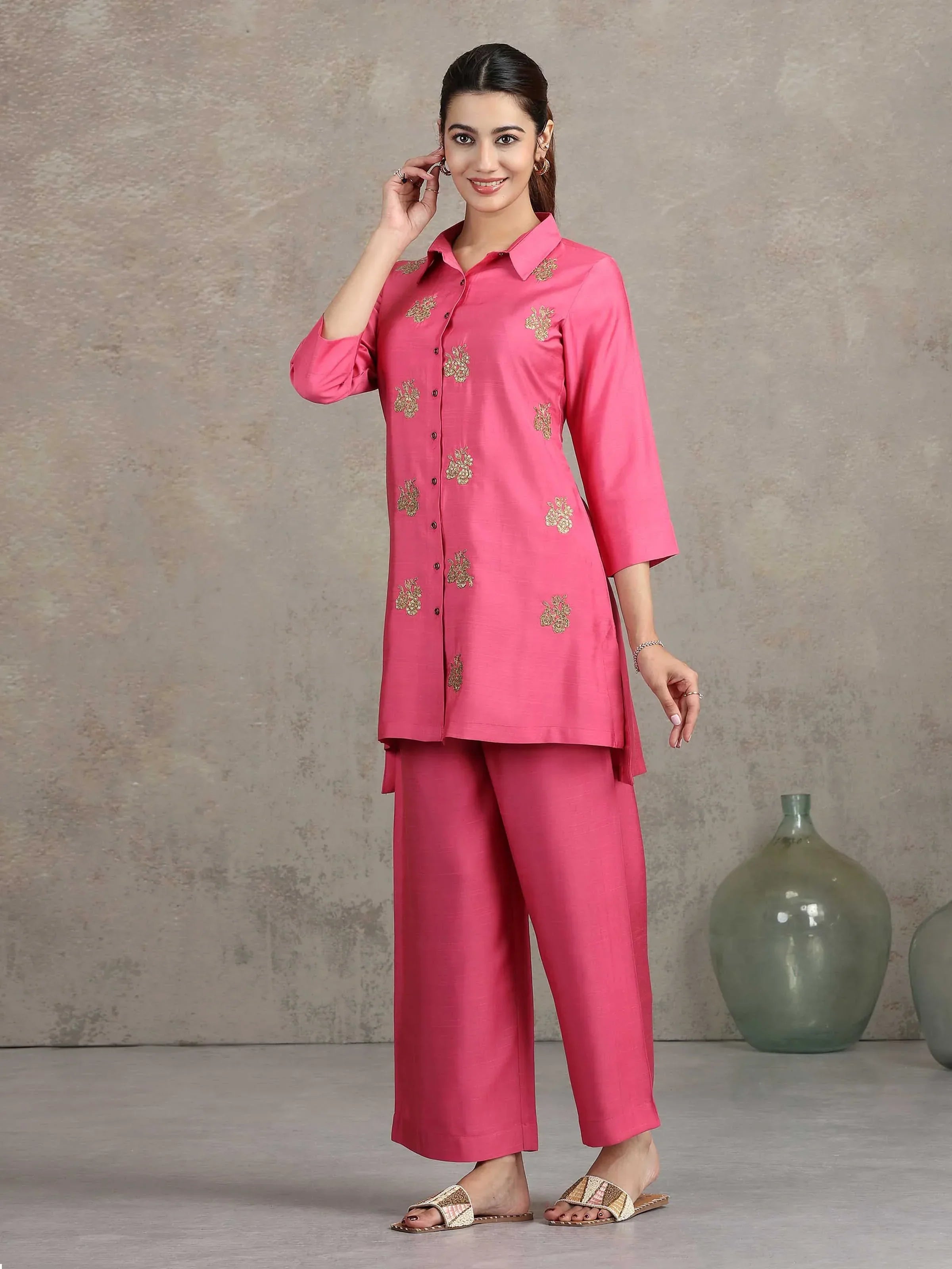 Pink Floral Embroidered Straight Co-ord Set