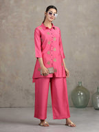 Pink Floral Embroidered Straight Co-ord Set