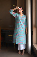 Blue and Pink Handblock Printed Panelled Kurta with White Pyjama
