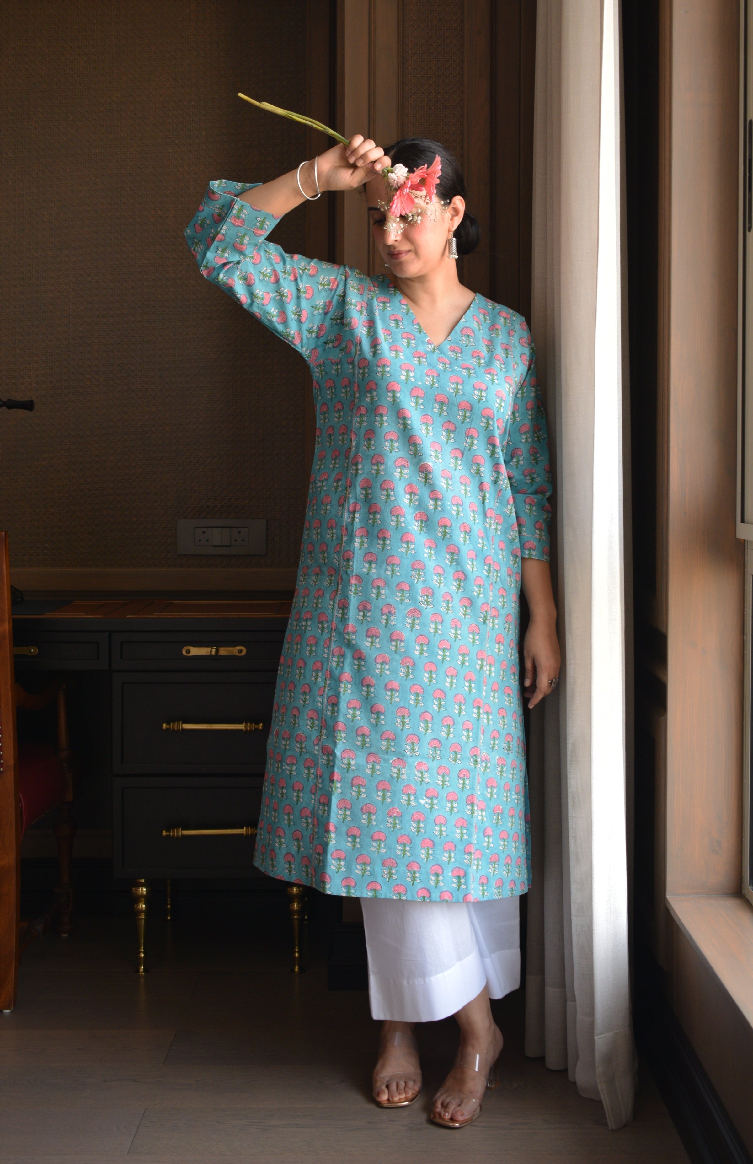 Blue and Pink Handblock Printed Panelled Kurta with White Pyjama
