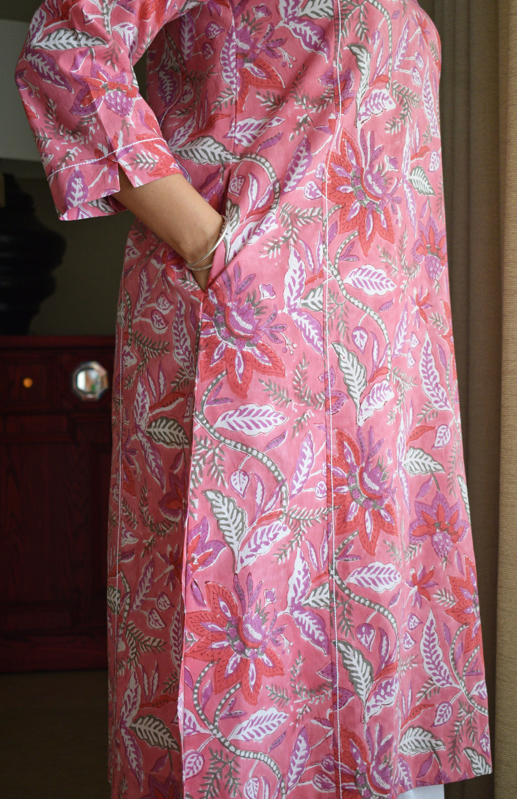 Pink Handblock Printed Panelled Kurta with White Pyjama
