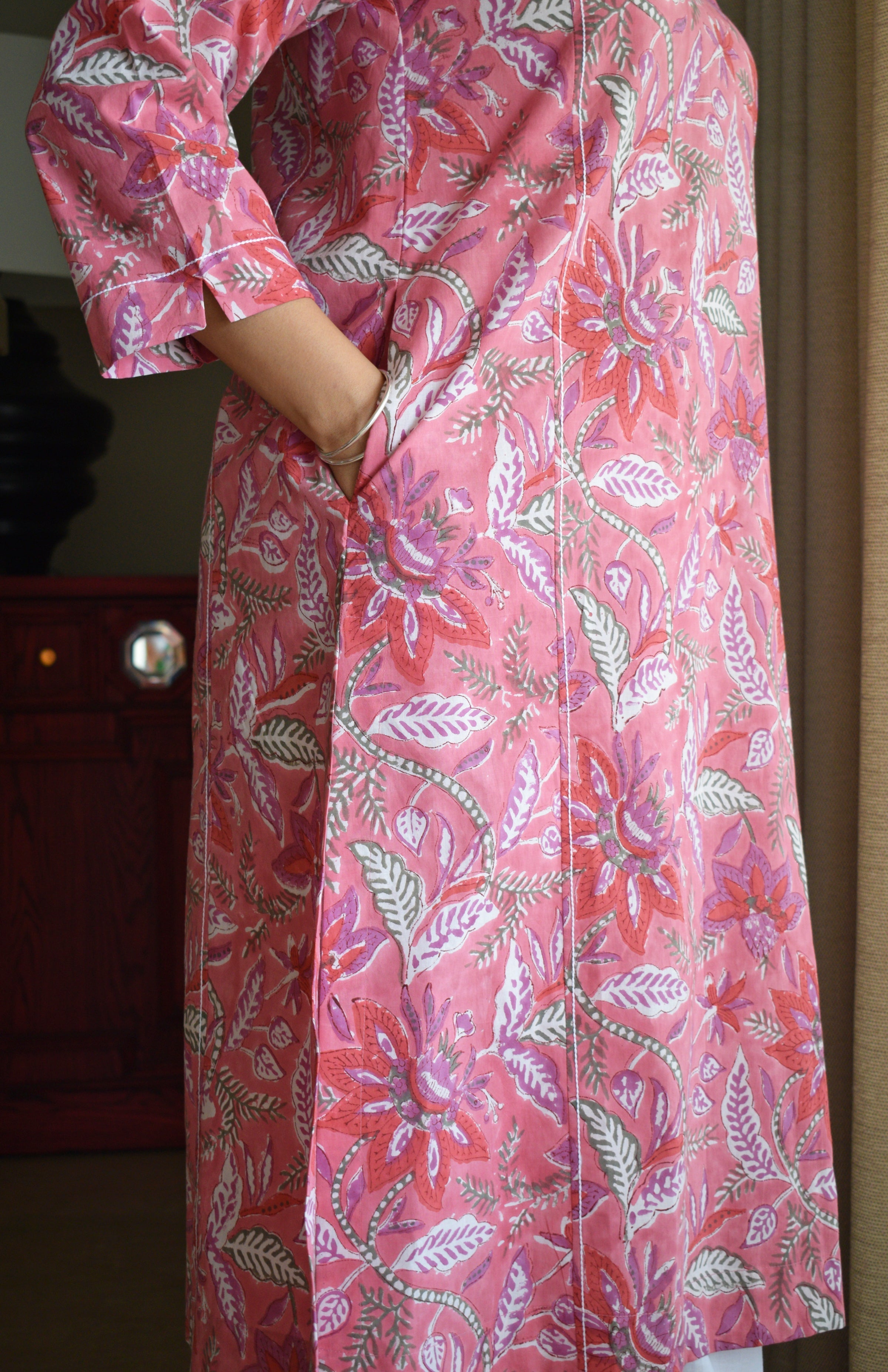Pink Handblock Printed Panelled Kurta with White Pyjama