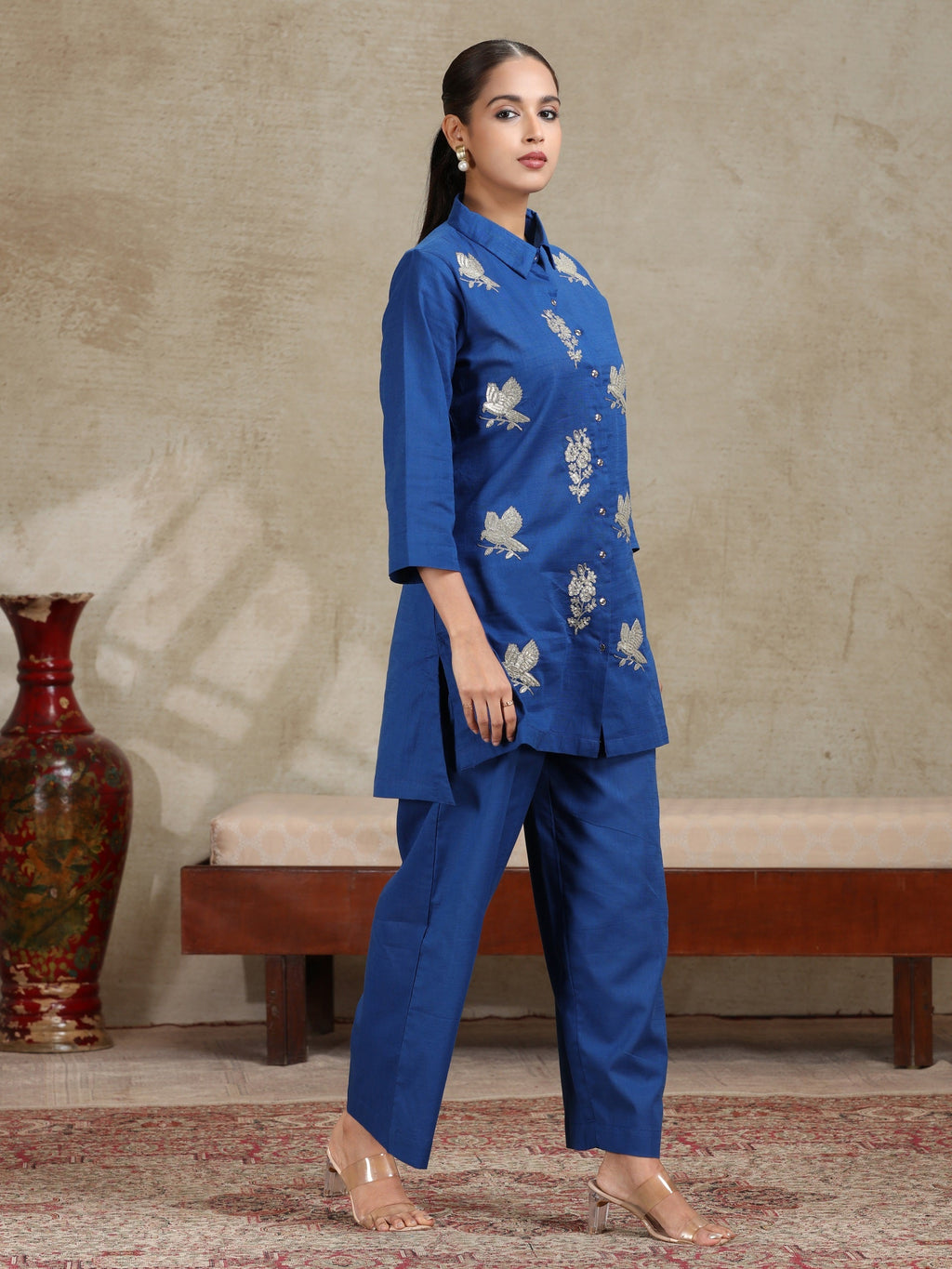 Royal Blue Floral Embroidered Straight Co-ord Set