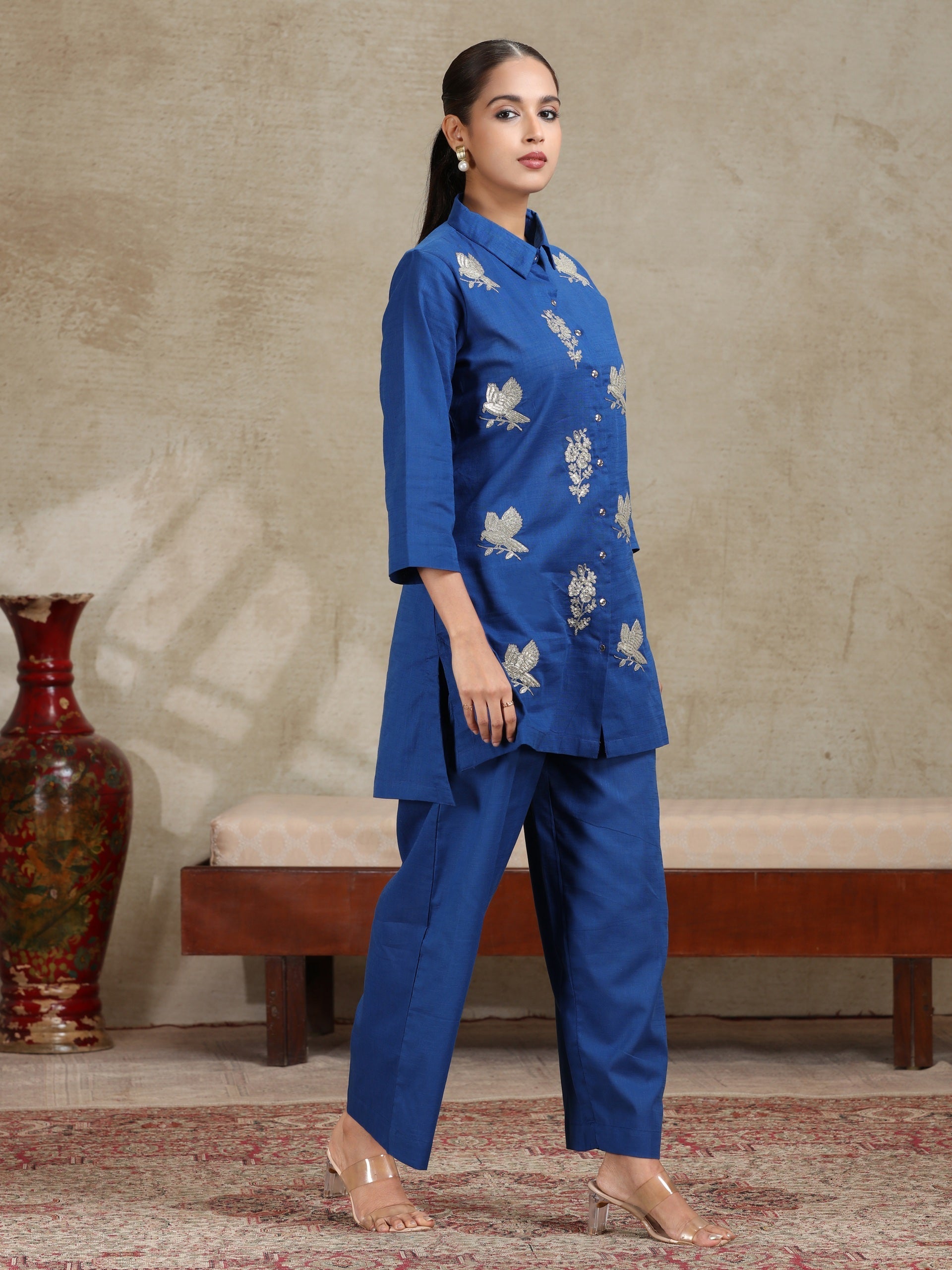 Royal Blue Floral Embroidered Straight Co-ord Set