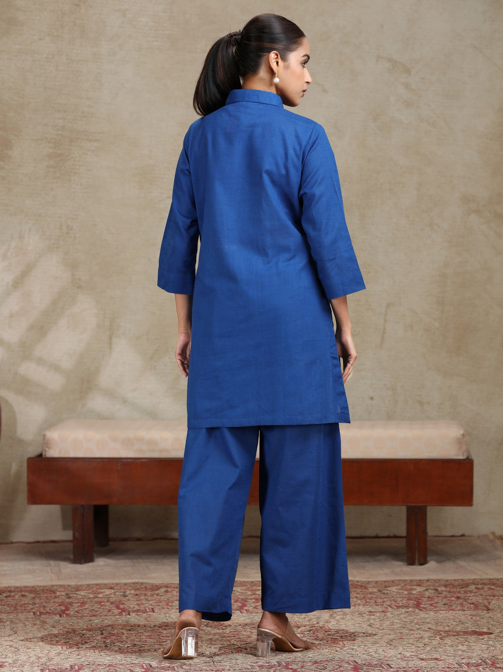 Royal Blue Floral Embroidered Straight Co-ord Set