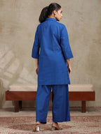 Royal Blue Floral Embroidered Straight Co-ord Set