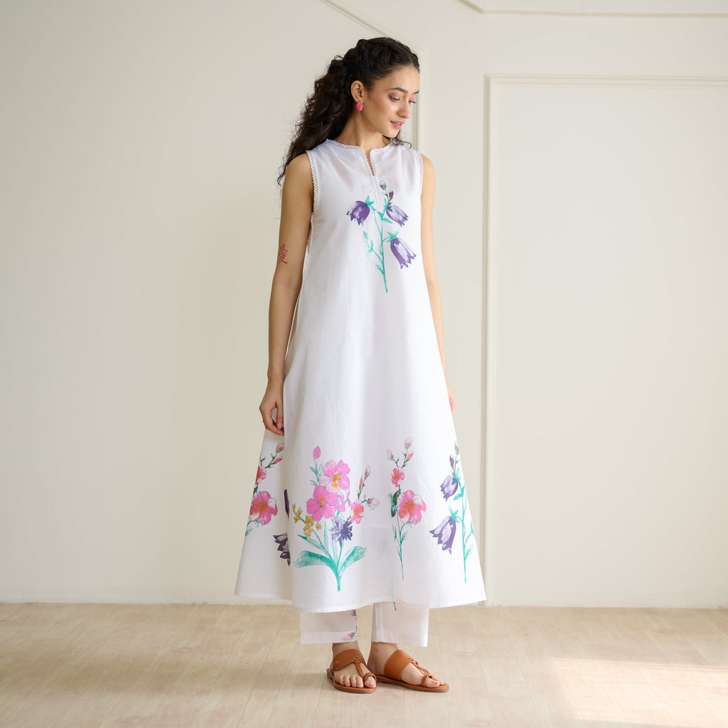 Aviva Patchwork Cotton Kurta Set with Mulmul Slip - Sharp White