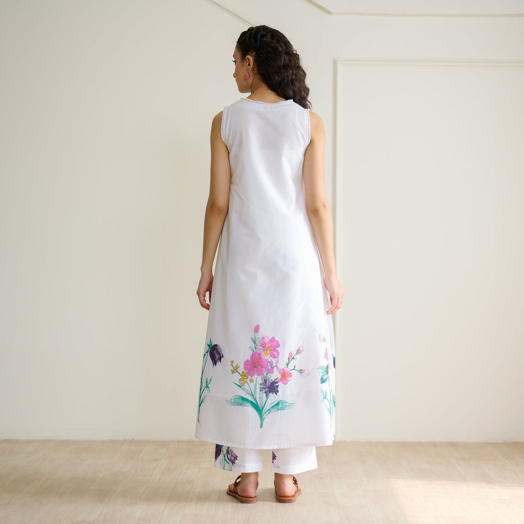 Aviva Patchwork Cotton Kurta Set with Mulmul Slip - Sharp White