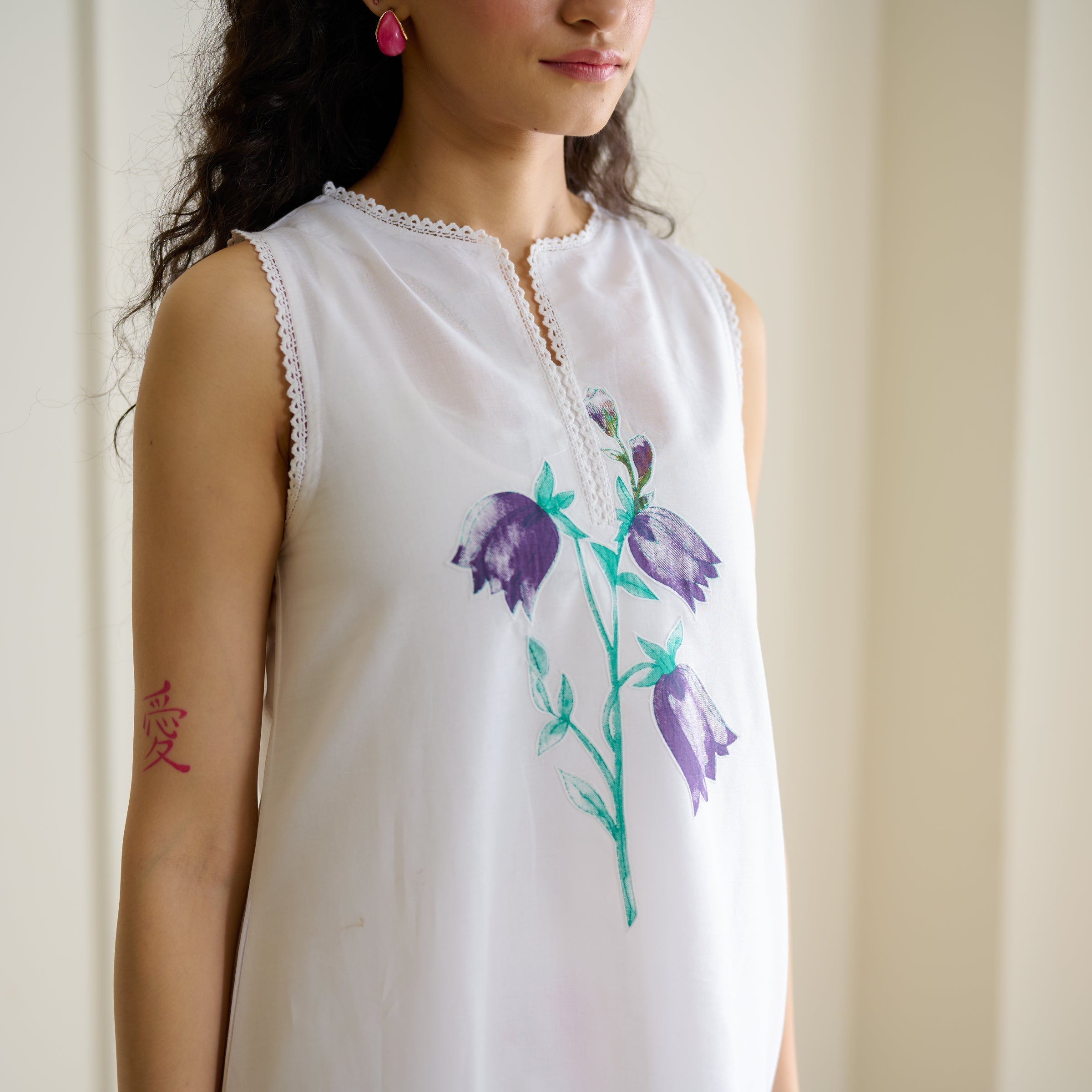 Aviva Patchwork Cotton Kurta Set with Mulmul Slip - Sharp White