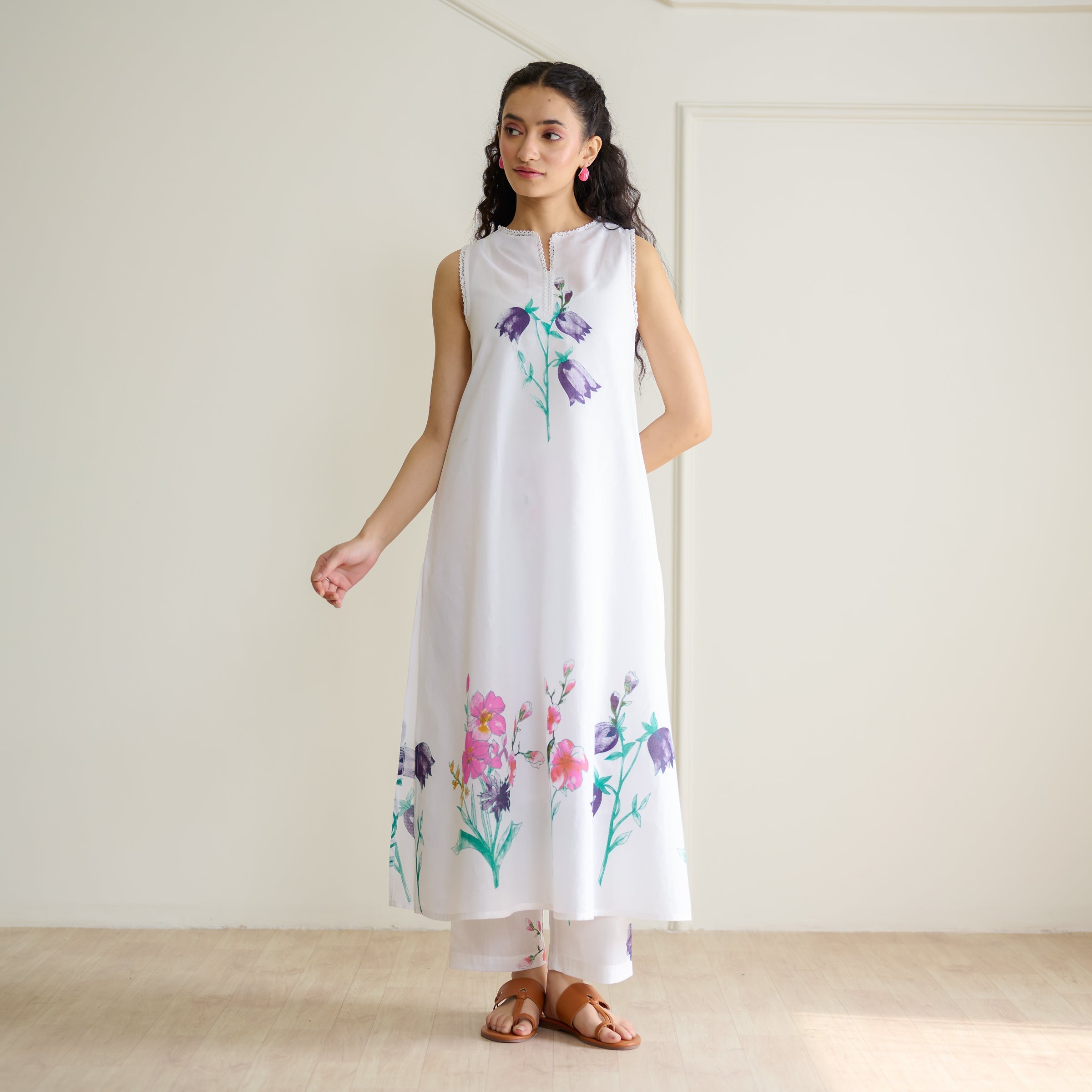 Aviva Patchwork Cotton Kurta Set with Mulmul Slip - Sharp White