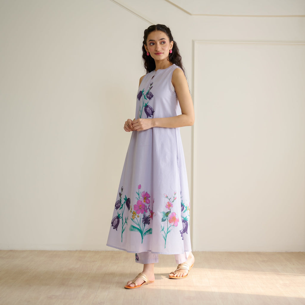 Aviva Patchwork Cotton Kurta Set with Mulmul Slip - Lavender