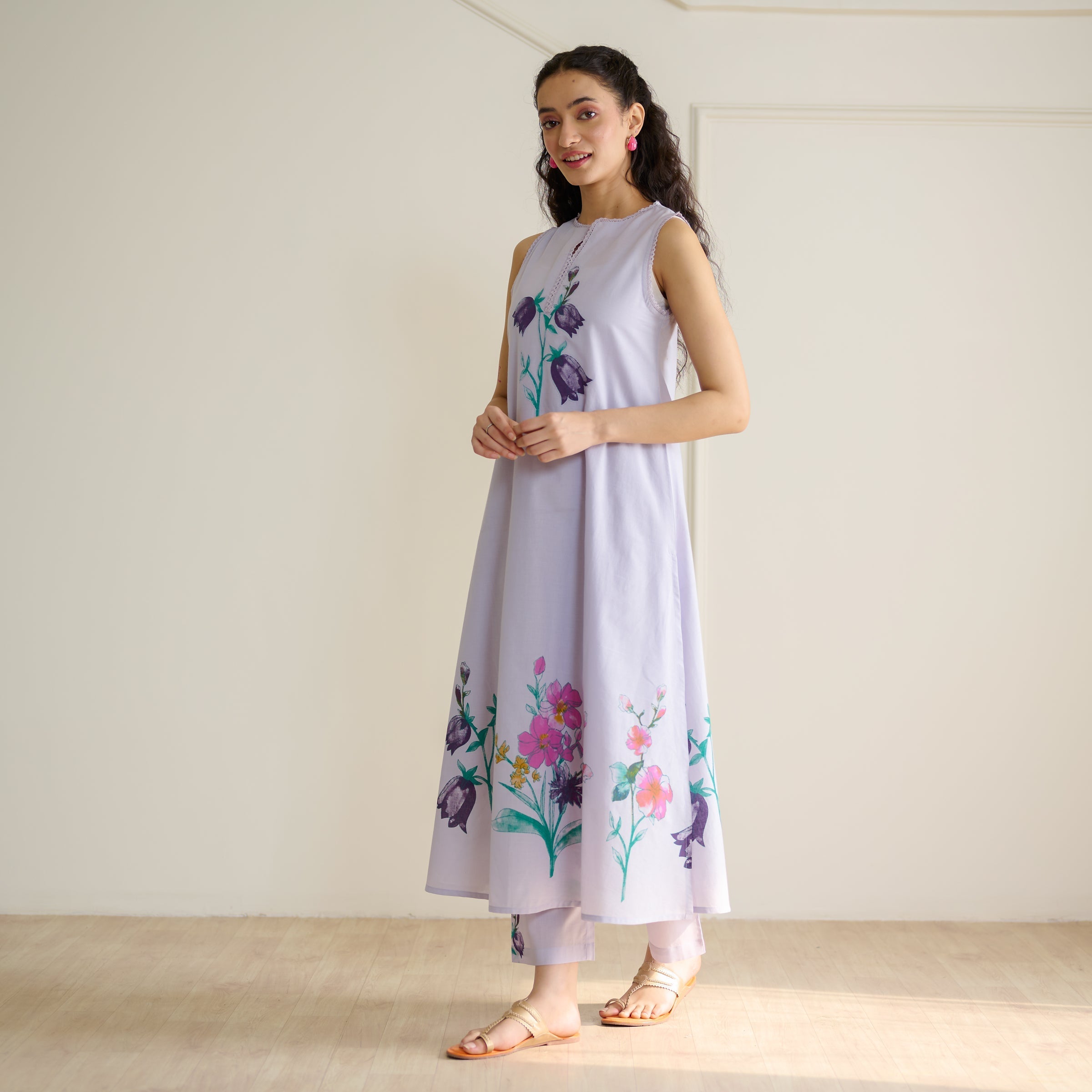 Aviva Patchwork Cotton Kurta Set with Mulmul Slip - Lavender