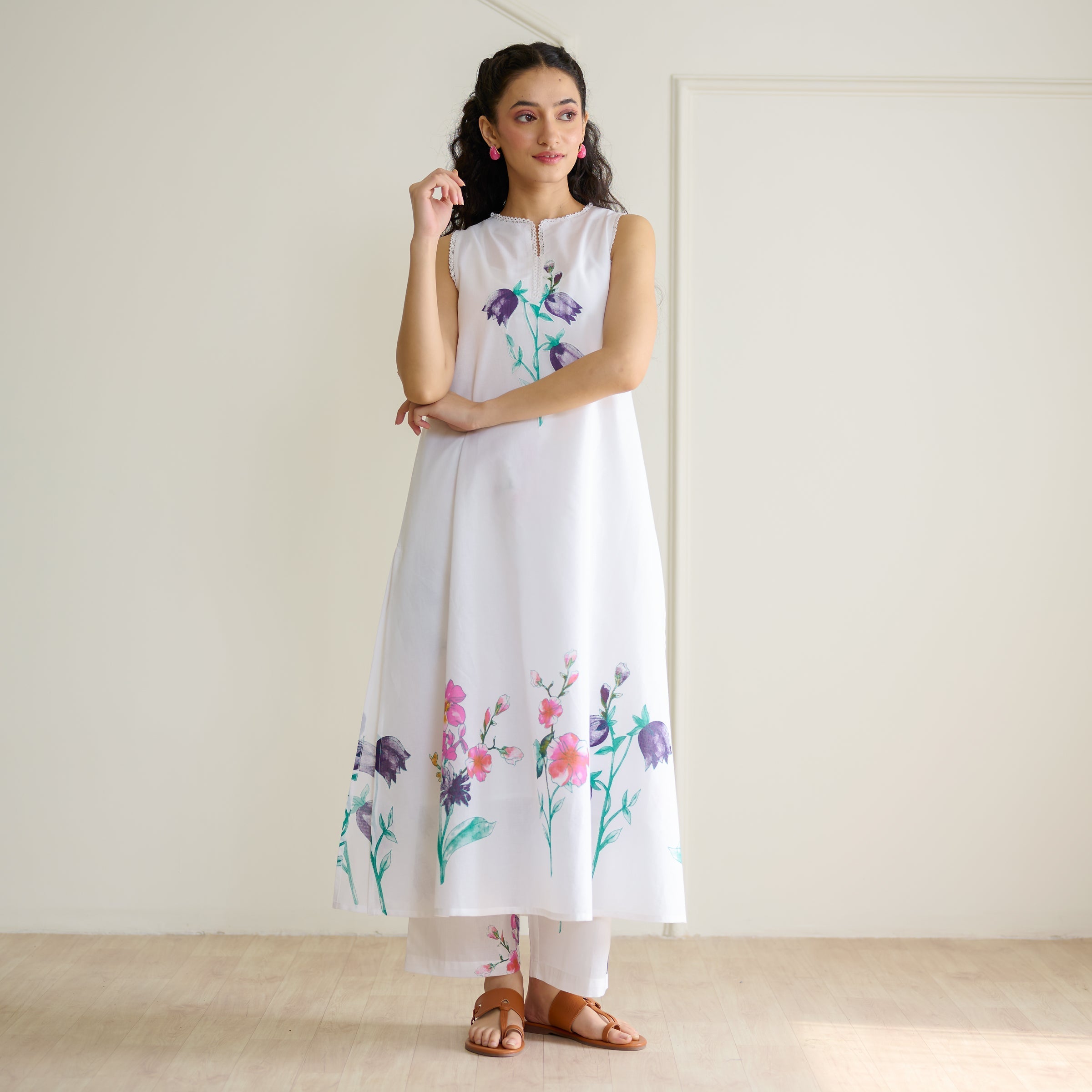 Aviva Patchwork Cotton Kurta Set with Mulmul Slip - Sharp White