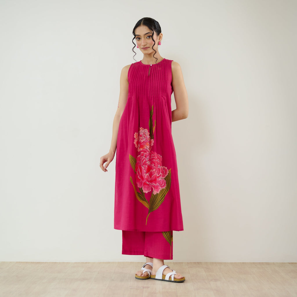 Belle Slub Cotton Kurta Set - Magenta