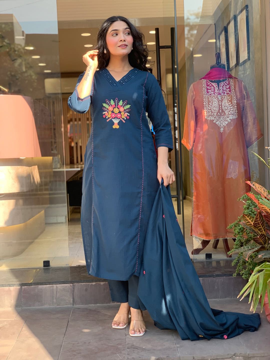 Blue Embroidered Cotton Flex Kurta and Pant Set with Dupatta