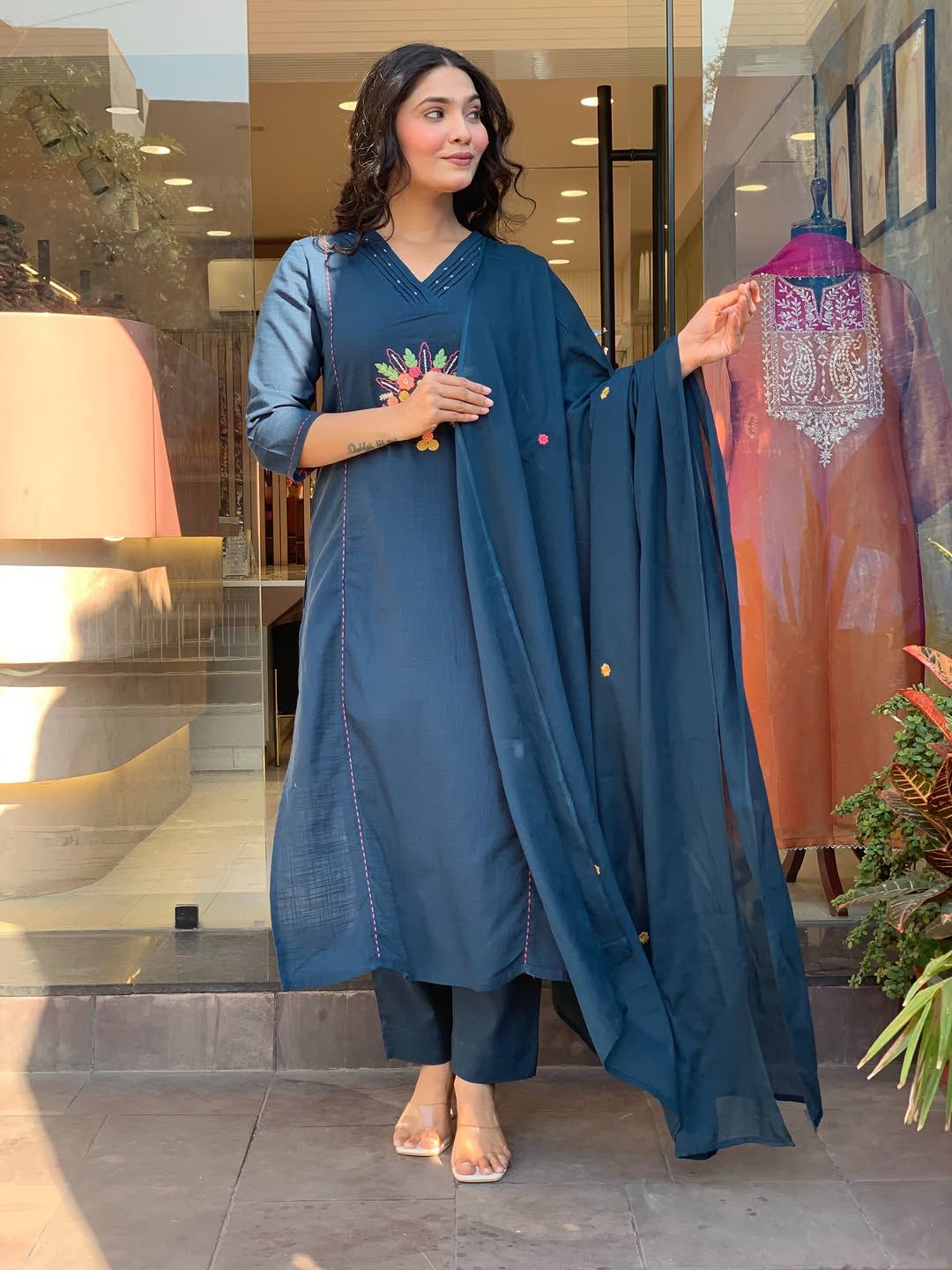 Blue Embroidered Cotton Flex Kurta and Pant Set with Dupatta