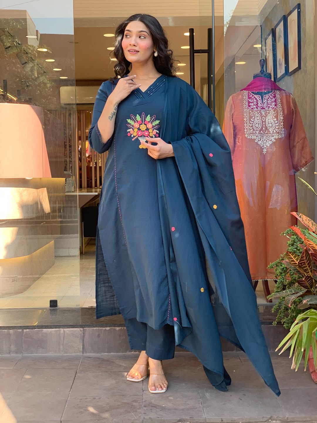 Blue Embroidered Cotton Flex Kurta and Pant Set with Dupatta