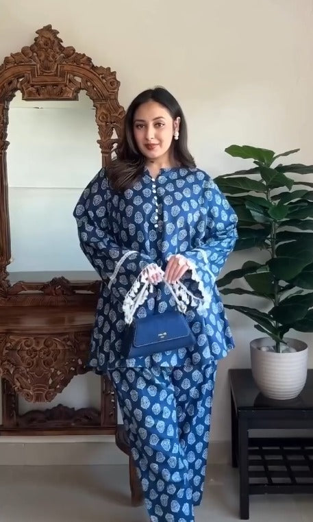 Women Blue Floral Choga Kurta With Pharsi Salwar