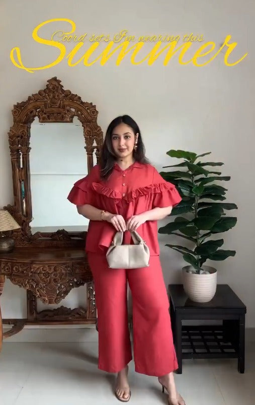 DRESOUL Party Ready Orange Ruffle Co-Ord Set
