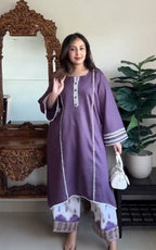 Woven Design Round Neck Kurta & Trousers